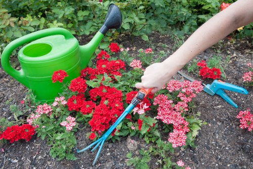 Garden maintenance crew trimming borders in a communal courtyard